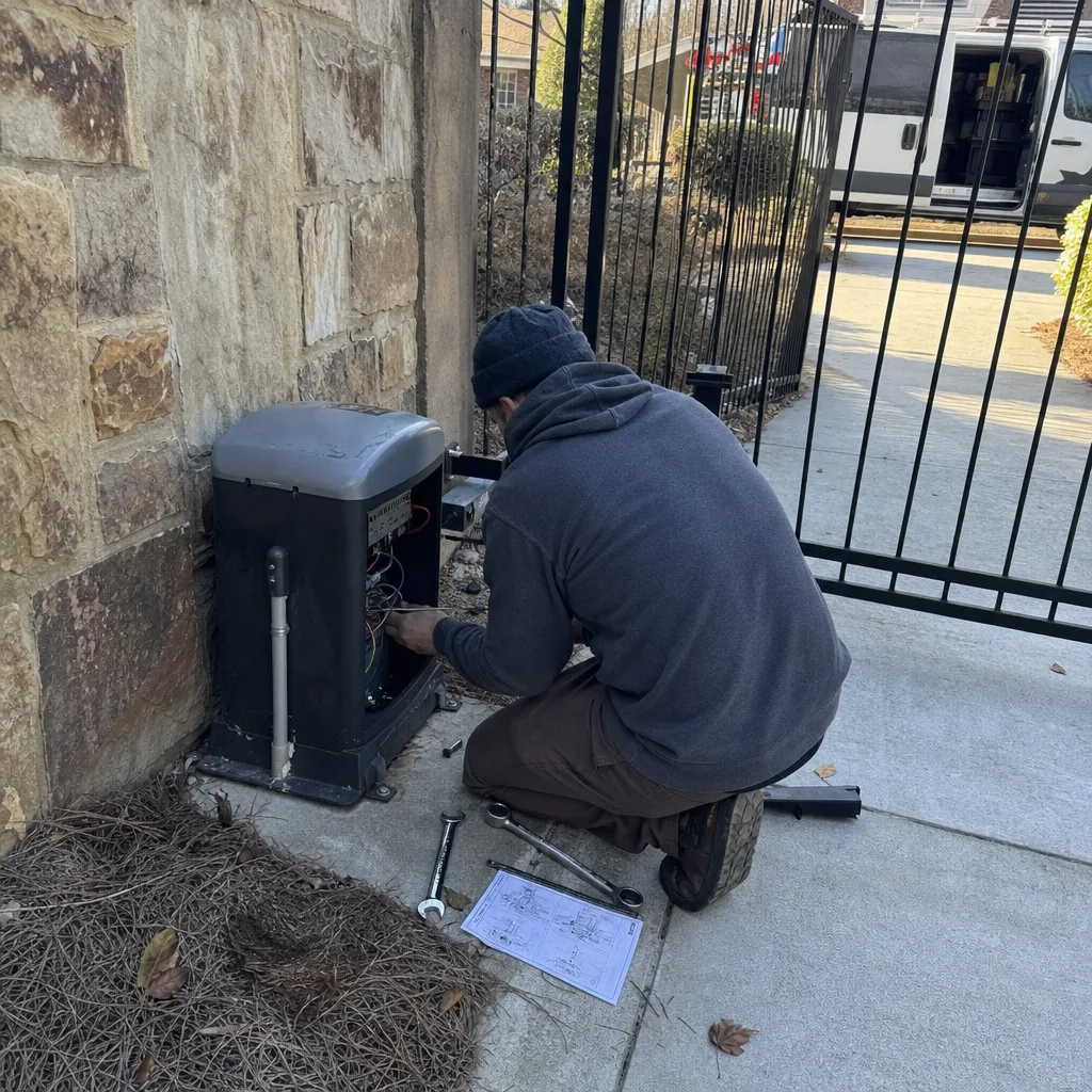 Technician performing professional gate motor and opener repair service