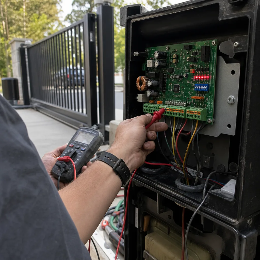 Technician using a multimeter to repair an automatic gate motor control board