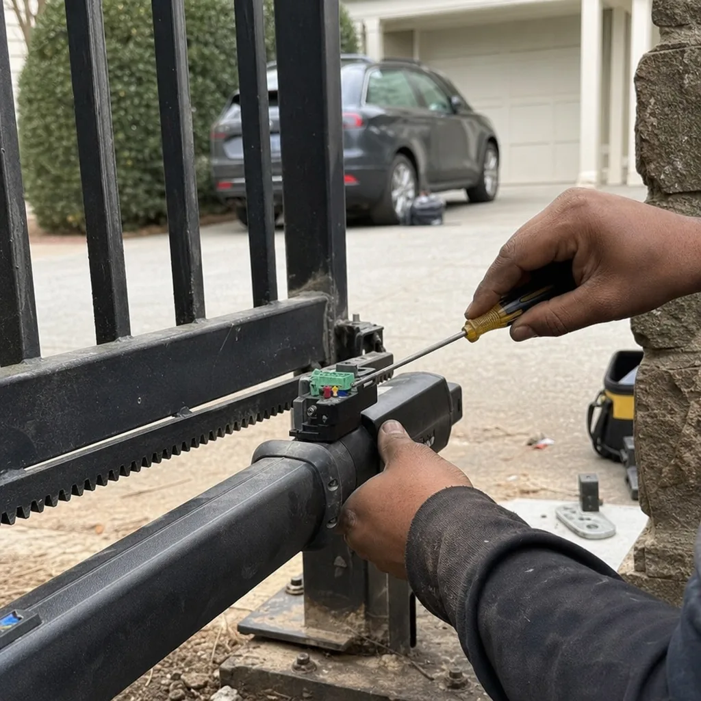 Technician performing automatic gate motor and opener repair service