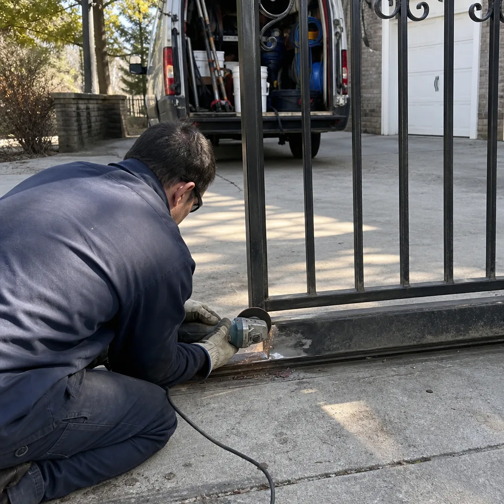 Technician using an angle grinder for professional gate metal repair