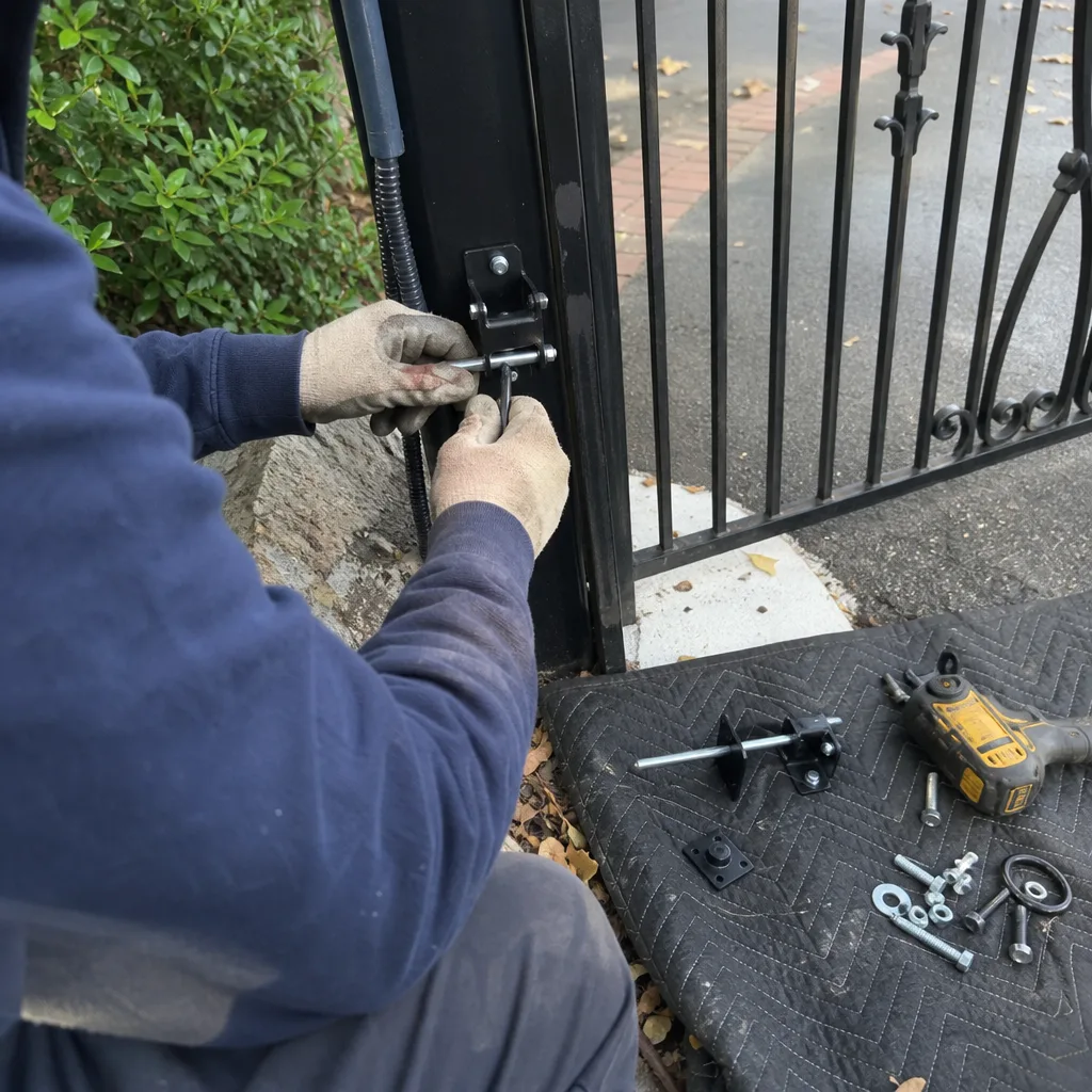 Technician performing professional metal gate repair and hinge installation